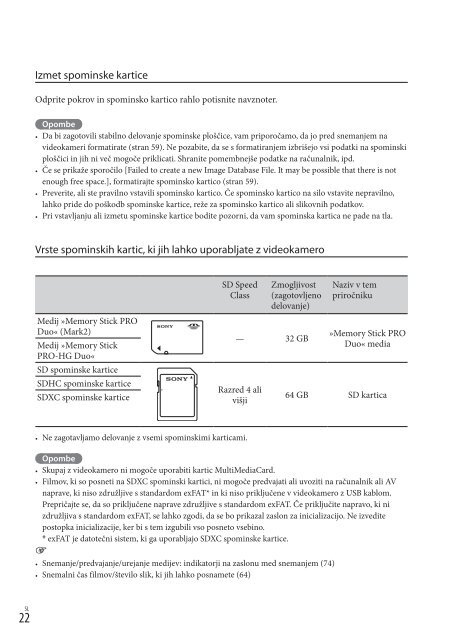 Sony HDR-CX320E - HDR-CX320E Mode d'emploi Slov&eacute;nien