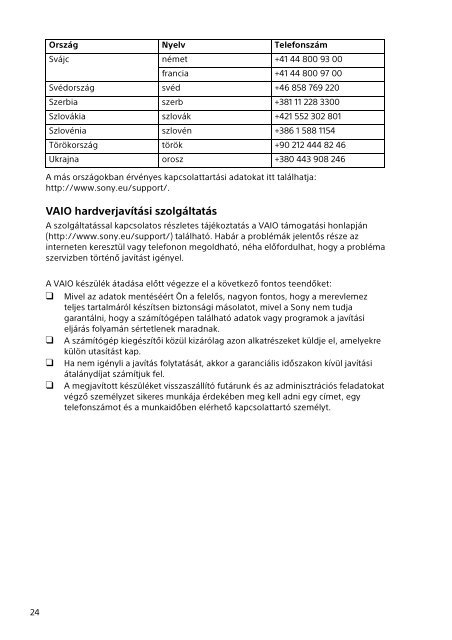 Sony SVD1321Z9R - SVD1321Z9R Documents de garantie Hongrois