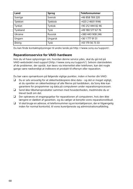 Sony SVD1321Z9R - SVD1321Z9R Documents de garantie Danois