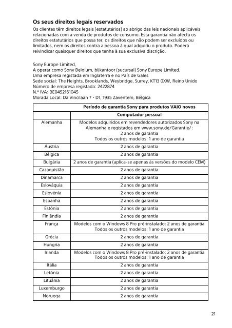 Sony SVD1321Z9R - SVD1321Z9R Documents de garantie Portugais