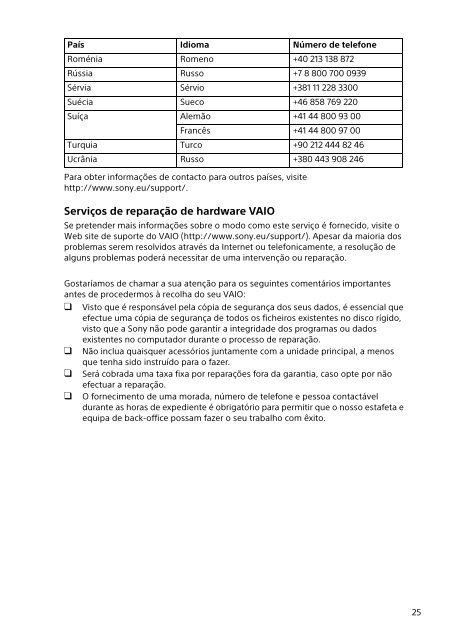 Sony SVD1321Z9R - SVD1321Z9R Documents de garantie Portugais