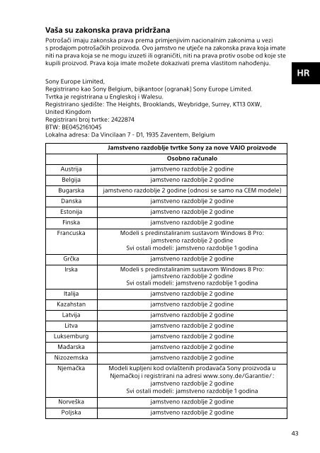 Sony SVD1321Z9R - SVD1321Z9R Documents de garantie Croate