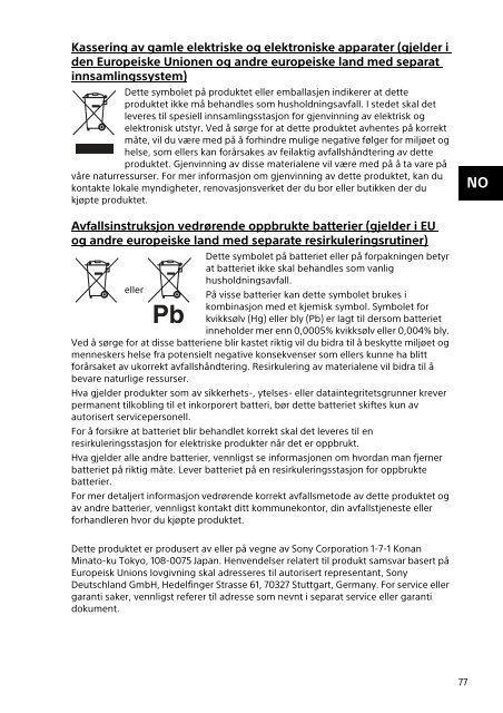 Sony SVD1321Z9R - SVD1321Z9R Documents de garantie Norv&eacute;gien