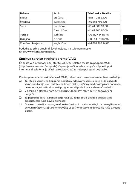 Sony SVF1521B6E - SVF1521B6E Documenti garanzia Sloveno