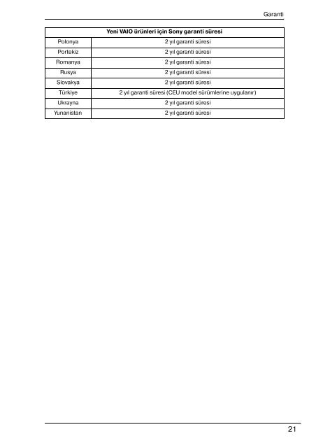 Sony VPCEF3E1E - VPCEF3E1E Documents de garantie Turc