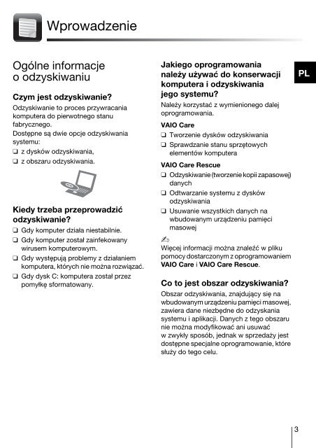 Sony VPCEF3E1E - VPCEF3E1E Guide de d&eacute;pannage Polonais