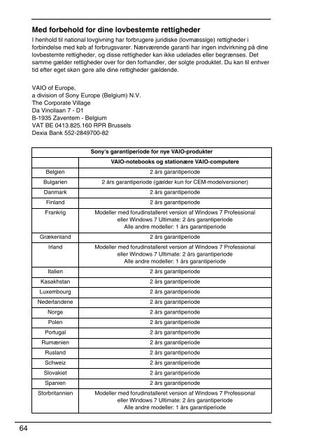 Sony VPCEF3E1E - VPCEF3E1E Documents de garantie Danois