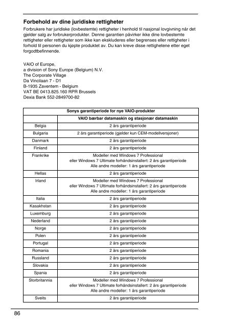 Sony VPCEF3E1E - VPCEF3E1E Documents de garantie Danois