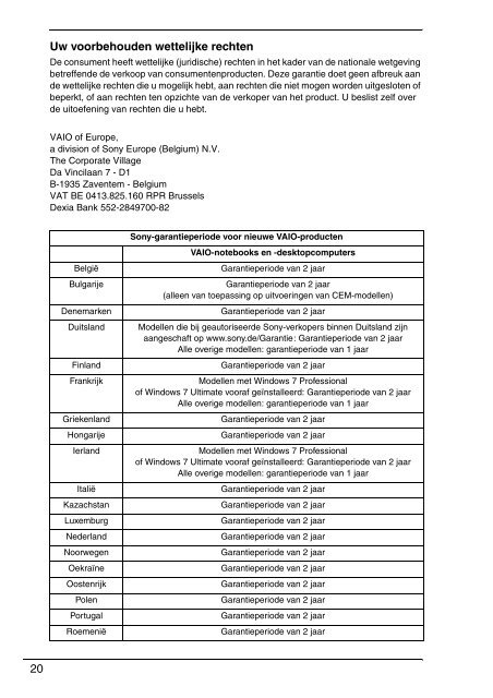 Sony VPCEF3E1E - VPCEF3E1E Documents de garantie N&eacute;erlandais