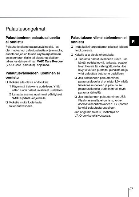 Sony VPCSB1C5E - VPCSB1C5E Guide de d&eacute;pannage Finlandais