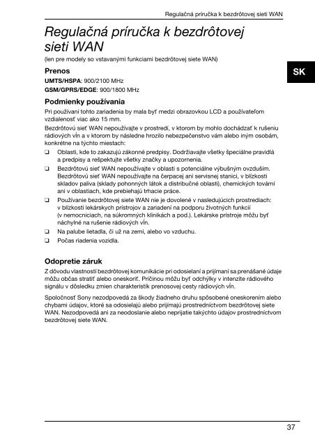 Sony VPCSB1C5E - VPCSB1C5E Documents de garantie Slovaque