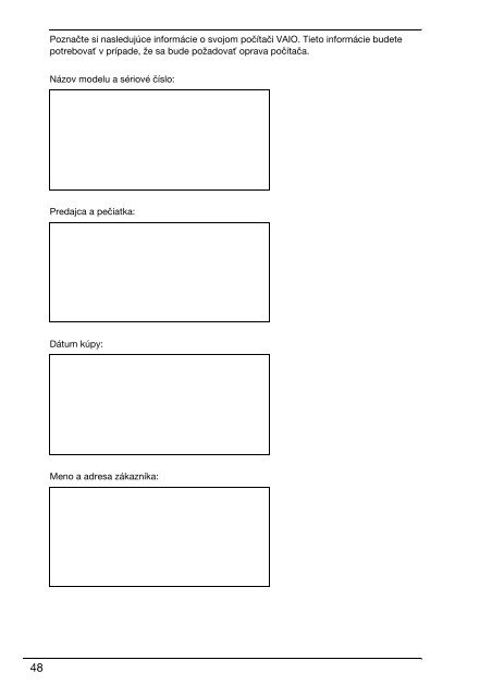 Sony VPCSB1C5E - VPCSB1C5E Documents de garantie Slovaque