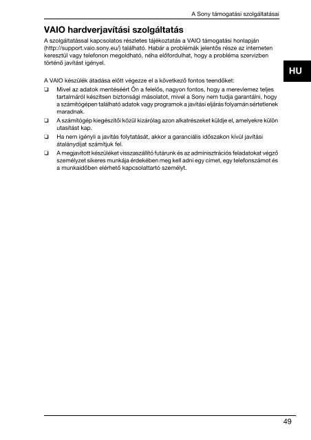 Sony VPCSB1C5E - VPCSB1C5E Documents de garantie Hongrois