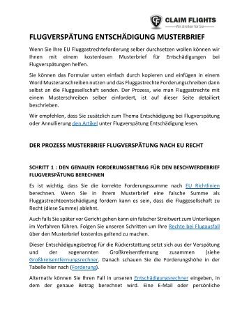 FLUGVERSPÄTUNG ENTSCHÄDIGUNG MUSTERBRIEF