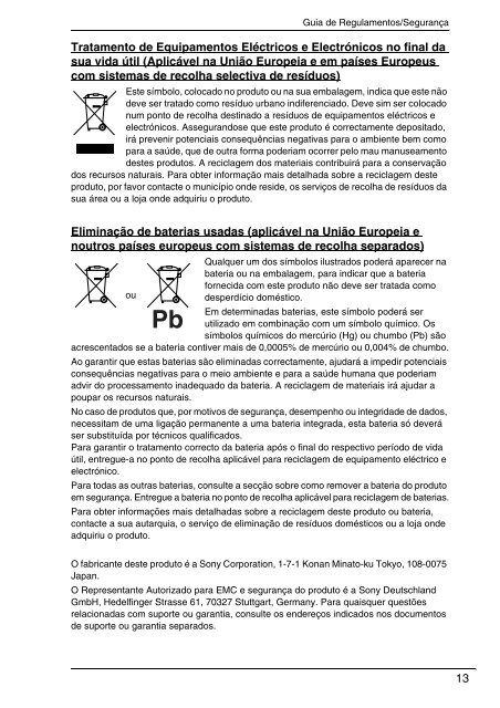 Sony VPCSB1C5E - VPCSB1C5E Documents de garantie Portugais
