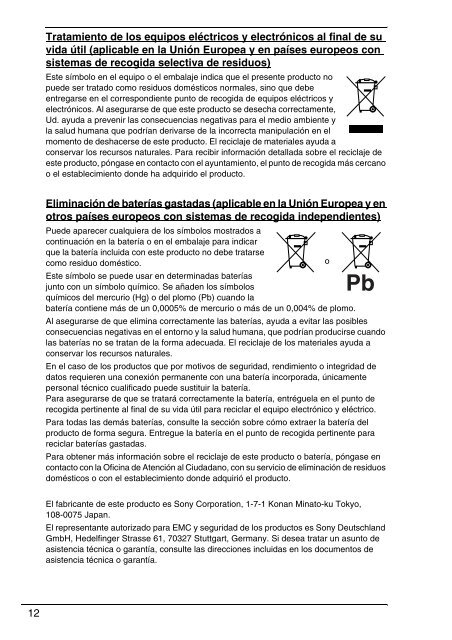 Sony VPCSB1C5E - VPCSB1C5E Documents de garantie Espagnol