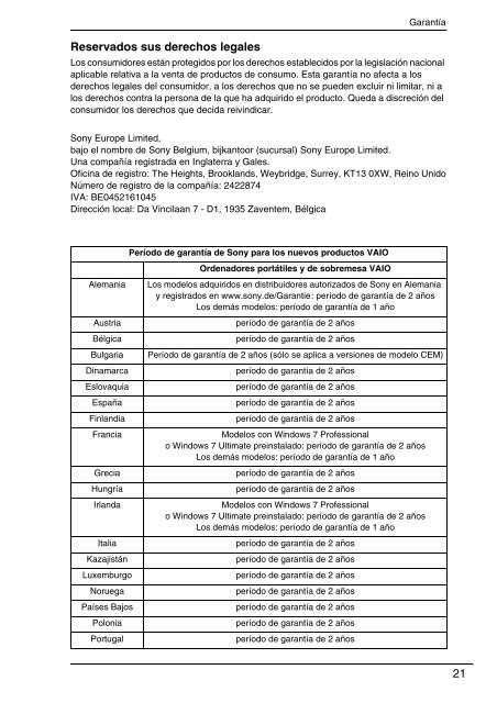 Sony VPCSB1C5E - VPCSB1C5E Documents de garantie Espagnol