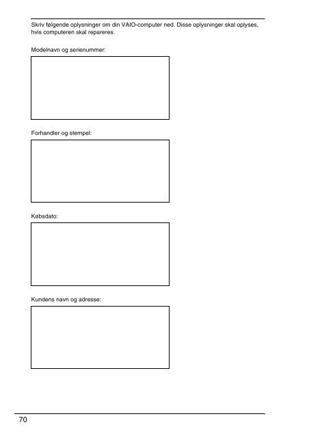 Sony VPCSB1C5E - VPCSB1C5E Documents de garantie Danois