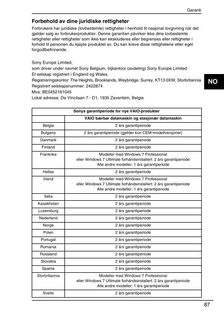 Sony VPCSB1C5E - VPCSB1C5E Documents de garantie Danois