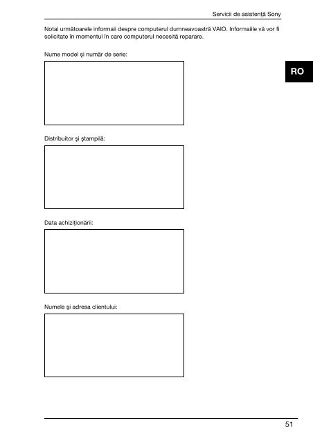 Sony VPCSB1C5E - VPCSB1C5E Documents de garantie Roumain