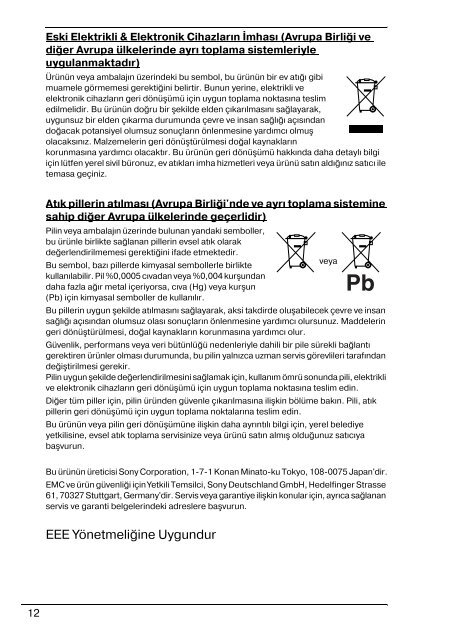 Sony VPCSB1C5E - VPCSB1C5E Documents de garantie Turc