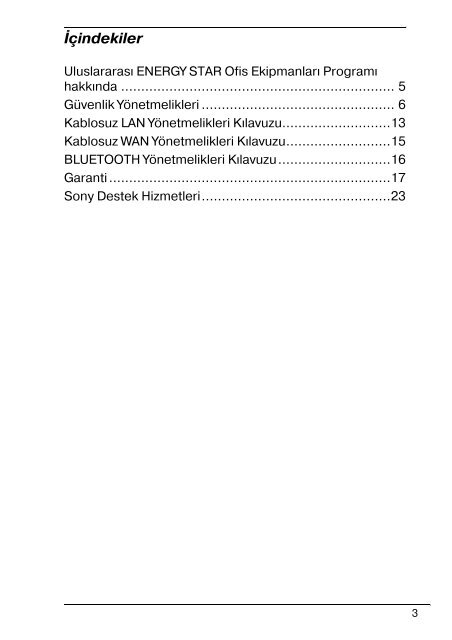 Sony VPCSB1C5E - VPCSB1C5E Documents de garantie Turc