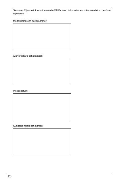 Sony VPCSB1C5E - VPCSB1C5E Documents de garantie Su&eacute;dois