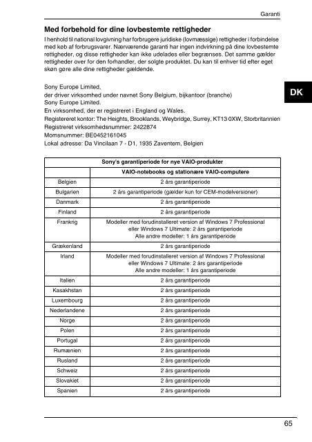 Sony VPCSB1C5E - VPCSB1C5E Documents de garantie Su&eacute;dois