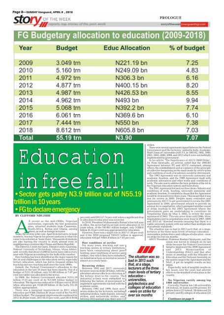 08042018 - Education in free fall! •Sector gets paltry N3.9 trillion out of N55.19 trillion in 10 years