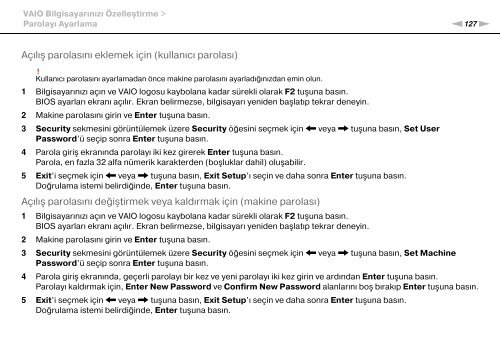 Sony VPCSE2E1E - VPCSE2E1E Istruzioni per l'uso Turco