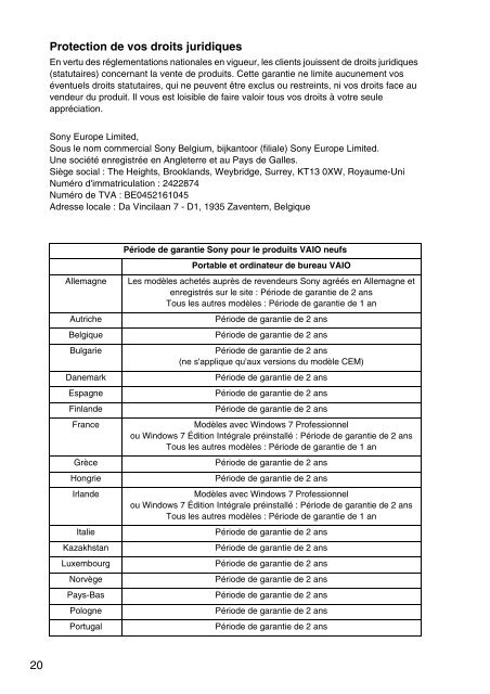 Sony VPCSE2E1E - VPCSE2E1E Documenti garanzia Francese