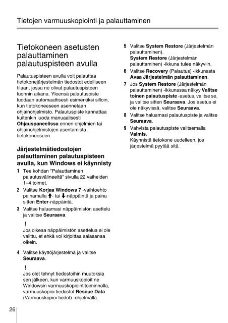 Sony VPCSE2E1E - VPCSE2E1E Guida alla risoluzione dei problemi Finlandese