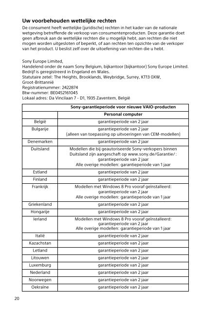 Sony VPCSE2E1E - VPCSE2E1E Documenti garanzia Olandese