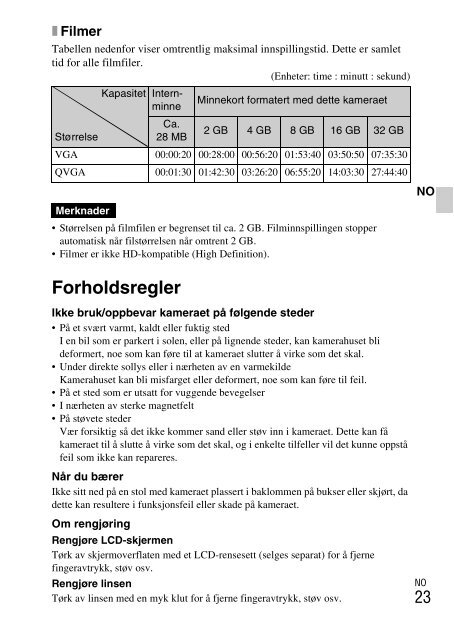 Sony DSC-W330 - DSC-W330 Consignes d&rsquo;utilisation Norv&eacute;gien