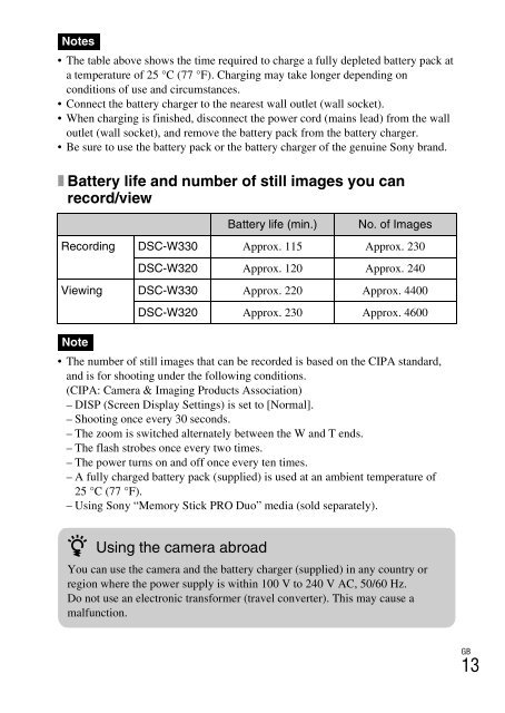 Sony DSC-W330 - DSC-W330 Consignes d&rsquo;utilisation Anglais