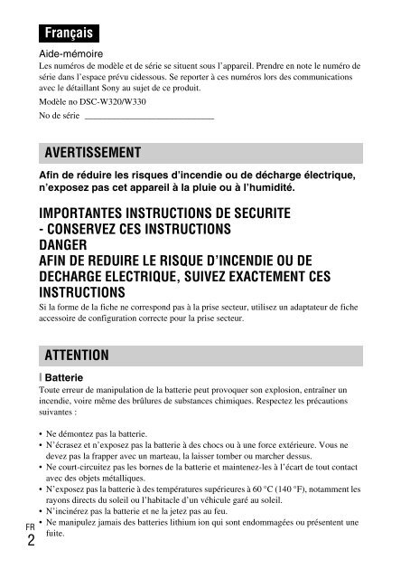 Sony DSC-W330 - DSC-W330 Consignes d&rsquo;utilisation Allemand