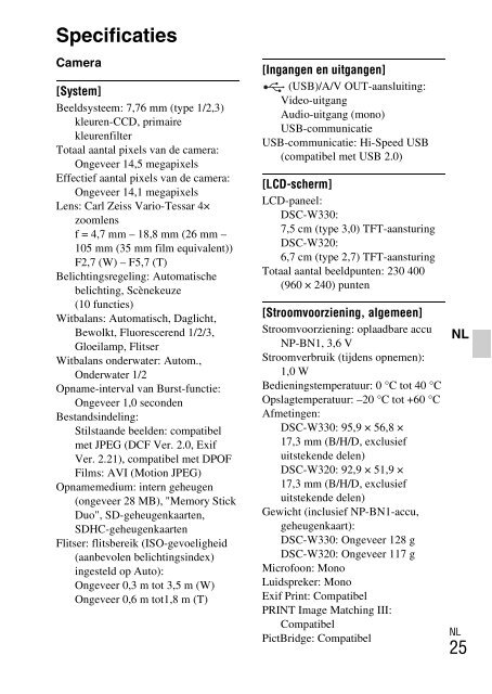 Sony DSC-W330 - DSC-W330 Consignes d&rsquo;utilisation N&eacute;erlandais