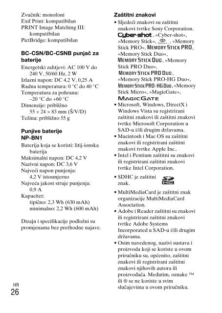 Sony DSC-W330 - DSC-W330 Consignes d&rsquo;utilisation Croate