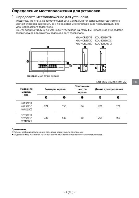 Sony KDL-32RD303 - KDL-32RD303 Guide d'installation Russe