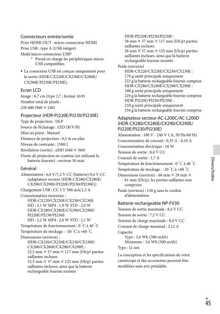 Sony HDR-PJ230E - HDR-PJ230E Consignes d&rsquo;utilisation Fran&ccedil;ais