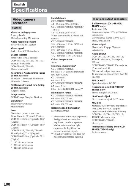 Sony CCD-TR412E - CCD-TR412E Consignes d&rsquo;utilisation Anglais