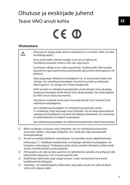 Sony SVE1512C1R - SVE1512C1R Documenti garanzia Estone