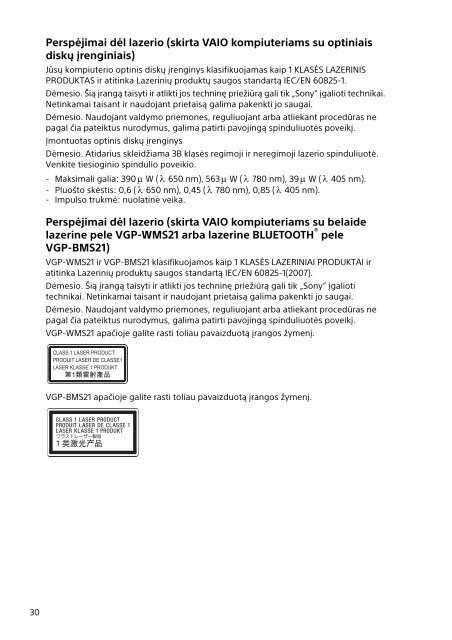 Sony SVE1512C1R - SVE1512C1R Documenti garanzia Lituano