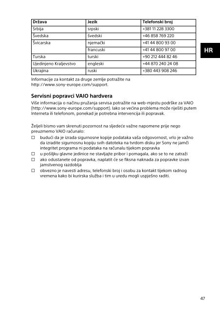 Sony SVE1512C1R - SVE1512C1R Documenti garanzia Croato