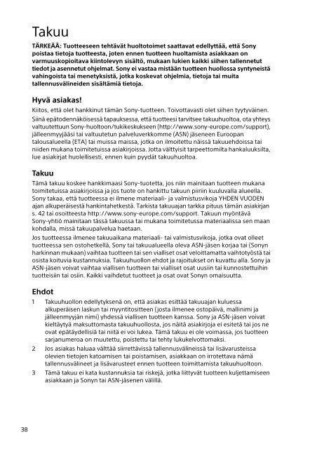 Sony SVE1512C1R - SVE1512C1R Documenti garanzia Finlandese