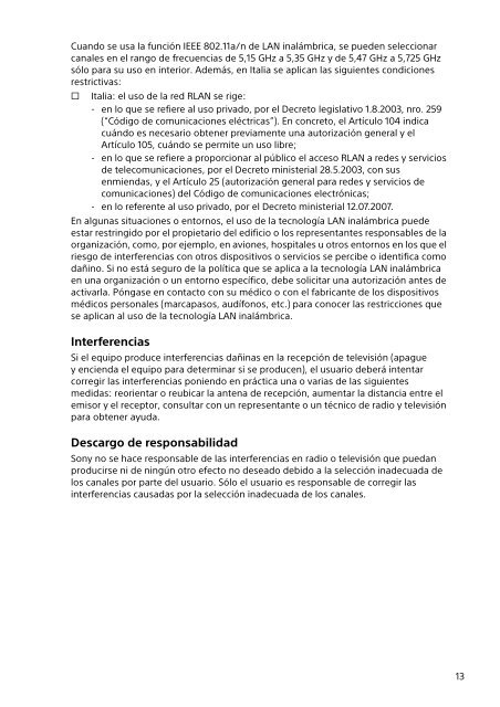 Sony SVE1512C1R - SVE1512C1R Documenti garanzia Spagnolo