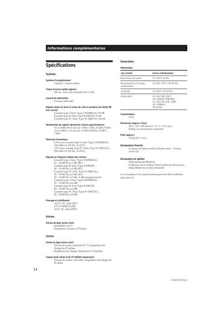 Sony TC-WE405 - TC-WE405 Consignes d&rsquo;utilisation Fran&ccedil;ais