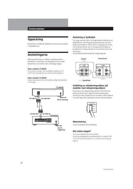 Sony TC-WE405 - TC-WE405 Consignes d&rsquo;utilisation Su&eacute;dois