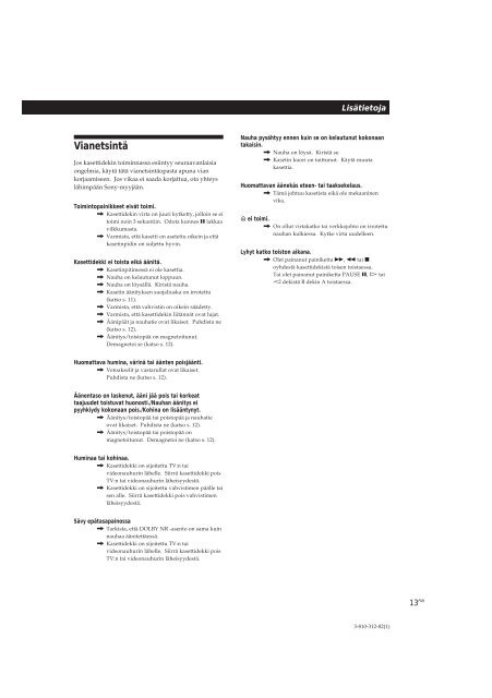 Sony TC-WE405 - TC-WE405 Mode d'emploi Finlandais