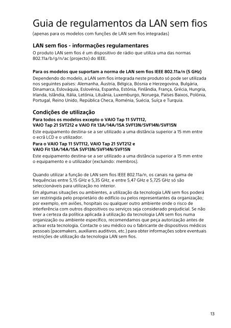 Sony SVF13N1J2E - SVF13N1J2E Documents de garantie Portugais